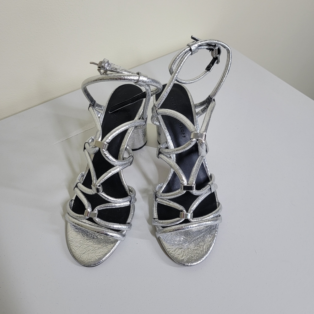 Rebecca Minkoff Appoline silver metallic strappy heels 8.5 round heel - Picture 3 of 8